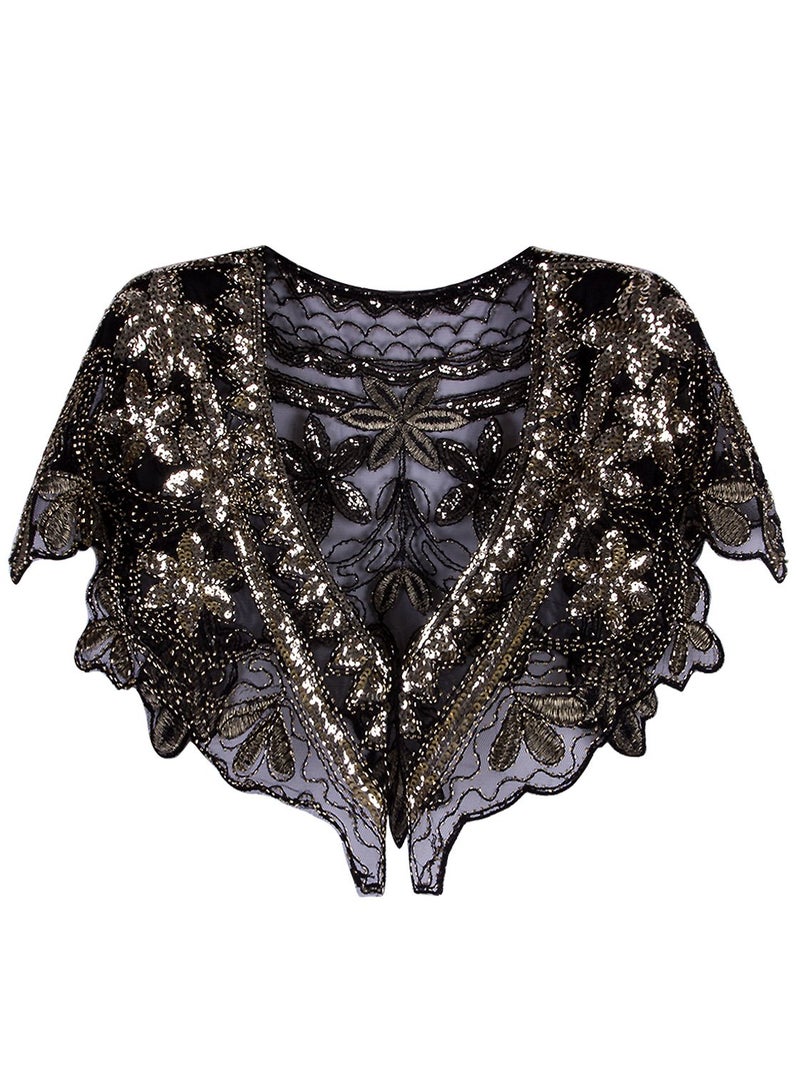 Vijiv Women's 1920s Shawl Deco Sequin Beaded Evening Cape Bolero Flapper Cover Up For Wedding Black Gold - Image 1